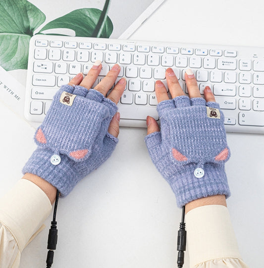 Winter Office USB Heating Warm Half Finger with Cover Gloves Heated Pad, Free Size