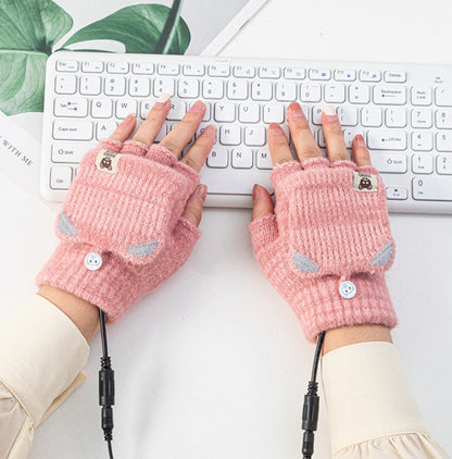 Winter Office USB Heating Warm Half Finger with Cover Gloves Heated Pad, Free Size